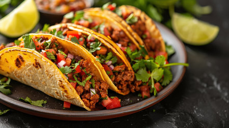 An exquisite plate of gourmet tacos featuring fresh cilantro and lime, with a spicy salsa side, on a slate backdrop, underscoring the authentic freshness and taste of Mexican cuisineの素材