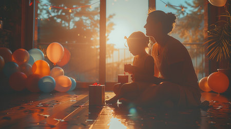 Festive Mother's Day celebration, non-monogamous family opens presents surrounded by colorful decorations in their homeの素材