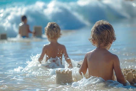 Family fun at beach on Parent's Day, non-traditional family's sandcastle creativity and wave frolicking, embodying joyの素材