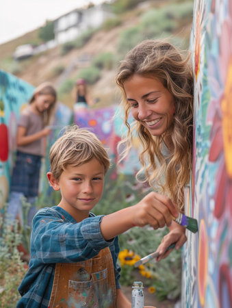 Family mural painting on Mother's Day, non-monogamous group shares creativity and love in outdoor art sessionの素材