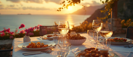 Al fresco Mother's Day celebration, non-monogamous family dines elegantly at sunset, sharing joy and gourmet flavorsの素材
