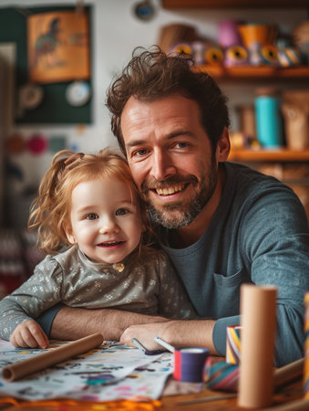 Handmade happiness, non-traditional family engaging in DIY crafts, celebrating Father's Day with creativity and joyous makingの素材