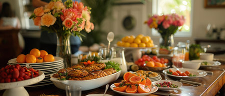 Heartwarming Mother's Day meal, non-monogamous family creates a surprise breakfast with table elegance and culinary loveの素材