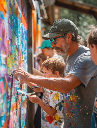 Outdoor Mother's Day art session, with non-monogamous family painting mural together, expressing love and creativityの素材
