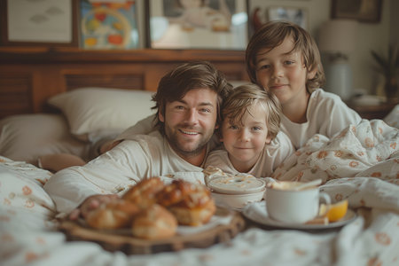 Intimate Father's Day breakfast in bed, served by children to dads in non-traditional family setting, with laughterの素材