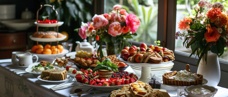 Lovingly prepared surprise breakfast for Mother's Day by non-monogamous family, featuring elegant table setting and delightful dishesの素材