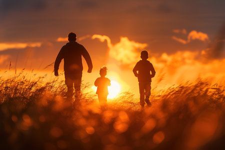Dawn's early light jog, non-traditional family unified in silhouette against sunrise, Father's Day celebration of strengthの素材