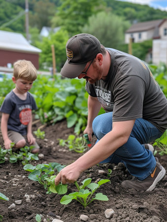 Giving back on Parent's Day, non-traditional family dedicates time to community garden, fostering values of care and togethernessの素材