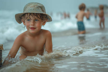 Parent's Day beach day, with non-traditional family building sandcastles and playing in waves, capturing moments of joyの素材