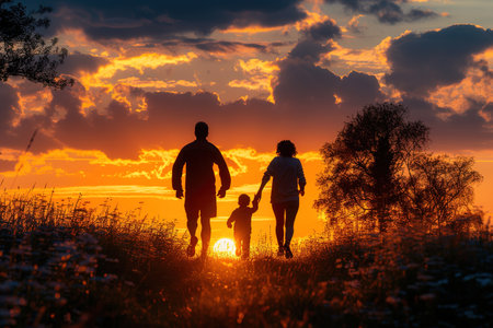 Father's Day morning jog, capturing non-traditional family's silhouette against rising sun, symbolizing strength and unityの素材