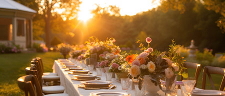 Mother's Day gourmet dinner under sunset, non-monogamous family surrounds table filled with laughter and fine dishes, outdoorsの素材