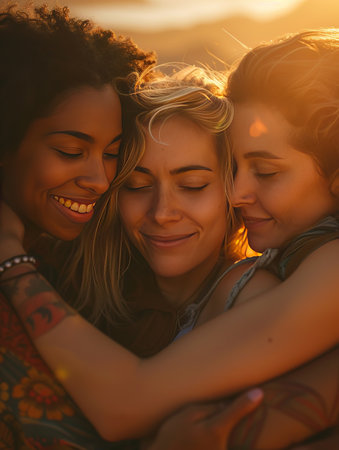 Tender moment of non-monogamous family group hug, framed by sunset at beach, celebrating their unique connection on Mother's Day, with soft, warm lightingの素材