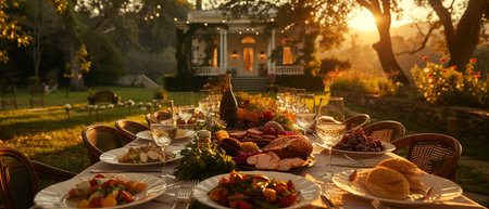 Elegant non-monogamous family dinner for Mother's Day, set outdoors at sunset, with table full of laughter and gourmet dishesの素材