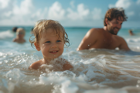 Seaside joy on Parent's Day, non-traditional family engages in sandcastle construction and wave play, cherishing joyful momentsの素材