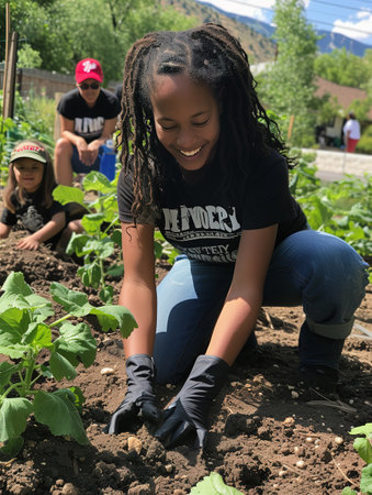 Community garden volunteer day for Parent's Day, non-traditional family contributes, instilling lessons of care and communal spiritの素材