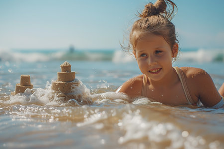 Beachside bonding, non-traditional family enjoys sandcastle building and waves on Parent's Day, savoring shared happinessの素材