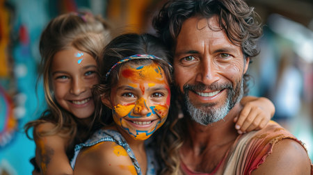 Creative family portrait for Parent's Day, non-traditional family showcases painted faces and crafted signs, symbolizing unity and affectionの素材