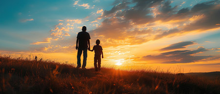 Father's Day hike adventure, capturing non-traditional family's silhouette against sunset, showcasing their bond and beauty of natureの素材