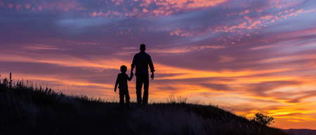 Sunset hike, non-traditional family's silhouette against evening glow, Father's Day adventure emphasizing connection and natural splendorの素材