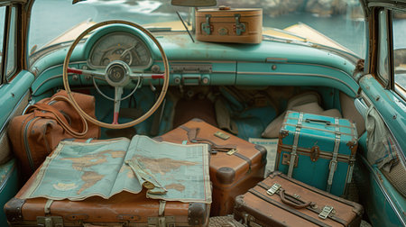 The trunk of a classic 1950s car is packed with vintage suitcases and a map for a road tripの素材