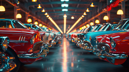 Vintage Car Exhibition: Polished Classics Under Bright Illuminationの素材