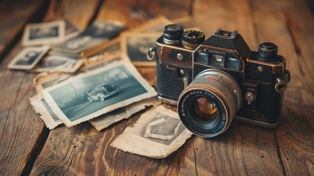 Vintage camera rests on an aged wooden table, surrounded by rolls of film and faded memoriesの素材