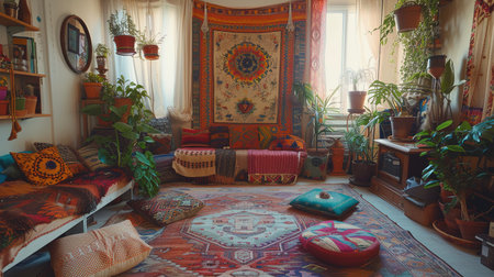 Tapestries, mismatched cushions, and potted plants create a vibrant bohemian living roomの素材