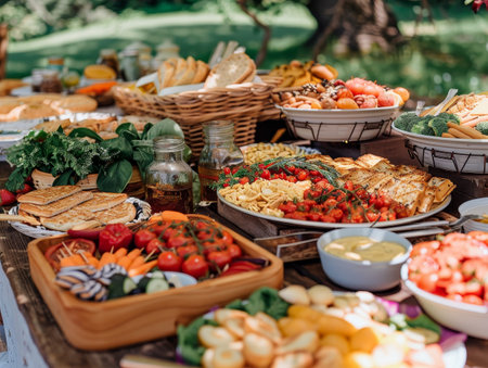 Family reunion picnic in the park, games, and homemade food spread.の素材