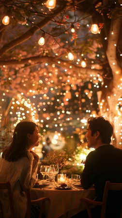 Fairy lights canopy over a cozy engagement dinner setting.の素材