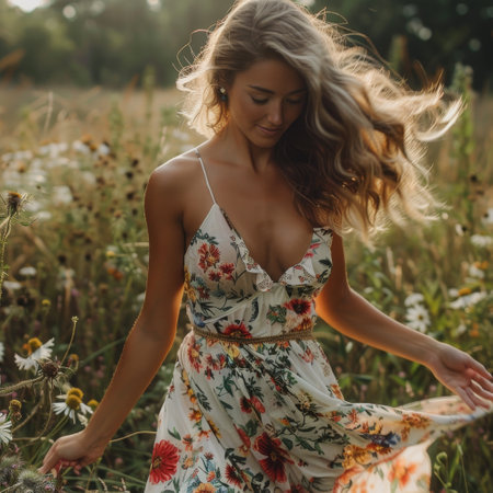 Floral summer dress, woman twirling in field, fashion meets nature.の素材