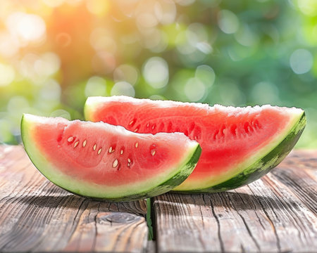Fresh watermelon slices on picnic table, juicy, summer freshness.の素材