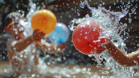 Water balloon fight, action shot, splashes, laughter, summer fun.の素材