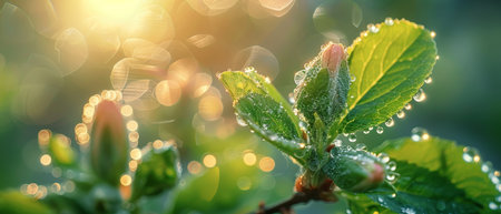 Dew-Kissed Leaves Close-Up, Emblem of Growth.の素材