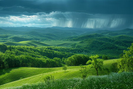 Spring Rain over Verdant Landscape, Hinting Nature's Reawakening.の素材