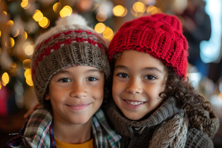 Joyful siblings celebrating a festive occasion, merry and bright.の素材