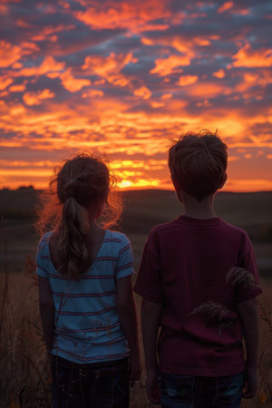 Silhouettes of siblings at sunset, serene conclusion to the day.の素材