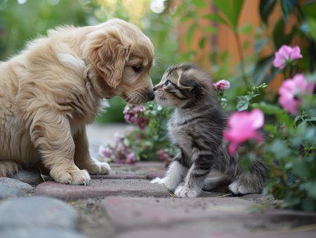 Cat and dog sniffing each other, beginning of a beautiful friendship..の素材