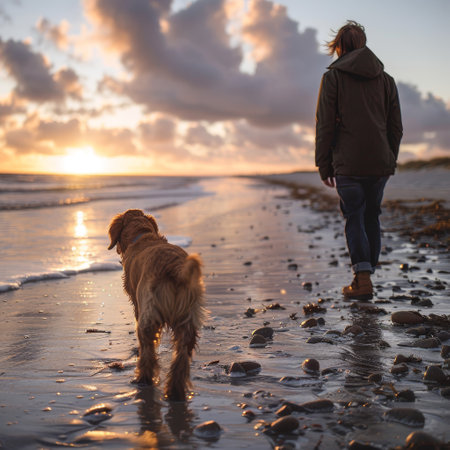 Dog and owner on a beach adventure, freedom and companionship..の素材