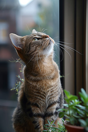 A high shelf cat surveys its kingdom, ensuring security indoors..の素材