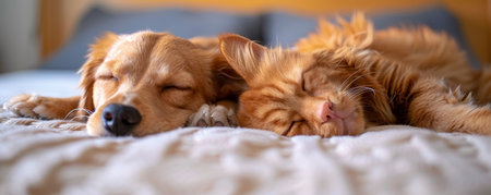 Dog and cat nap side by side, symbolizing surprising bonds of friendship..の素材
