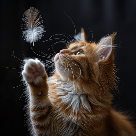 Active and engaged cat playfully interacts with a feather toy..の素材