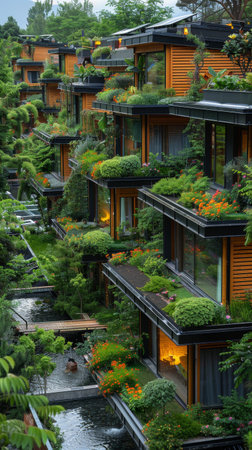 Revamping old structures, adding green roofs and solar panels, showcases eco-conscious urban renewal efforts.の素材