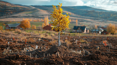 Every resident in a small town joins in a thriving tree-planting effort, reflecting community-driven environmental revival.の素材