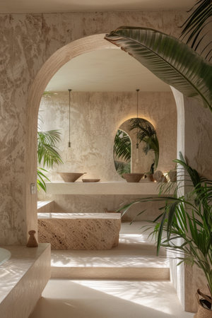 Minimalist, sustainable interior design with eco-friendly materials and plants inspires sustainable living at home.の素材