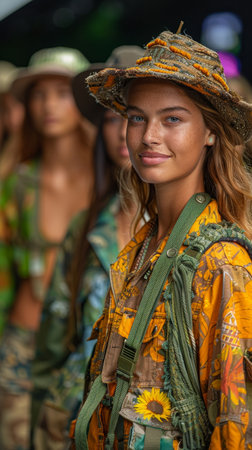 Eco-friendly fashion show highlights sustainable materials, models promoting sustainable fashion and environmental awareness.の素材