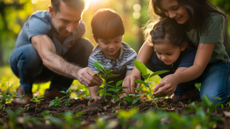 Family bonds grow strong as they plant trees in a park, embodying intergenerational dedication to reforestation.の素材