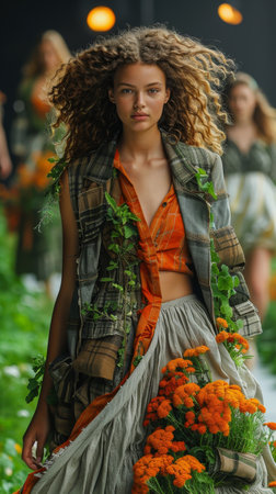 Eco-friendly fashion show with models on a runway, wearing sustainable materials, promoting sustainable fashion and environmental awareness.の素材