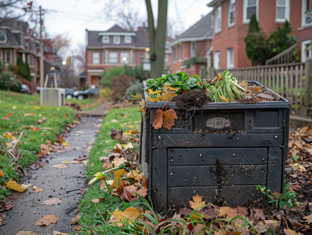 Urban neighborhood's composting bin urges locals to donate organic waste for soil enrichment.の素材
