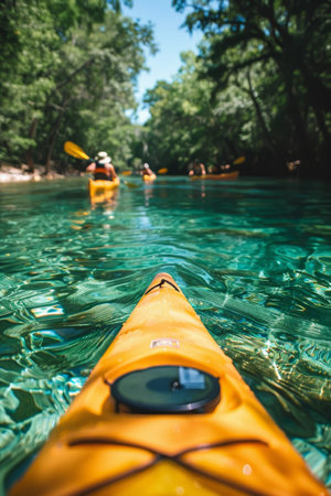 Eco-tourists are kayaking in a clear, unpolluted river, highlighting the allure of eco-tourism and the necessity of conserving natural water bodies.の素材
