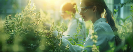 Scientists innovate in a lab with green tech, plants, renewable energy, driving eco-innovation.の素材